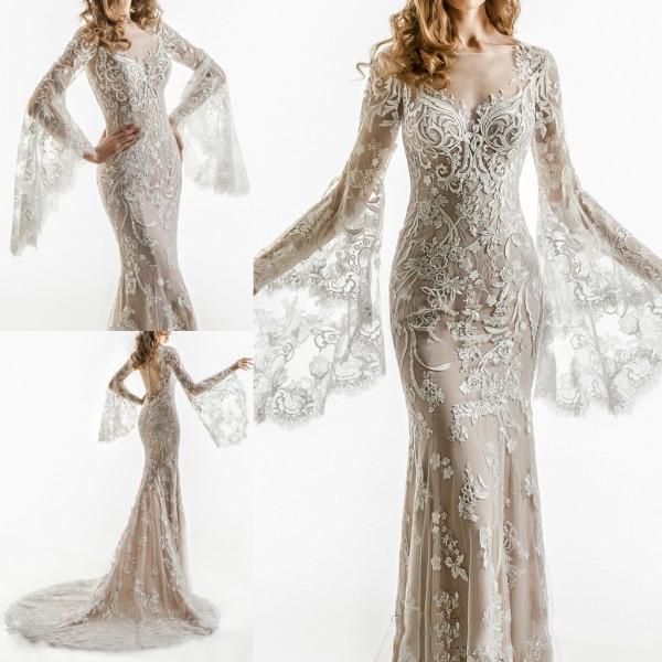 luxury mermaid wedding dresses sheer neck long bell sleeves wedding dress sweep train applique covered button bridal gowns robe de mariee, White
luxury mermaid wedding dresses sheer neck long bell sleeves wedding dress sweep train applique covered button bridal gowns robe de mariee, White