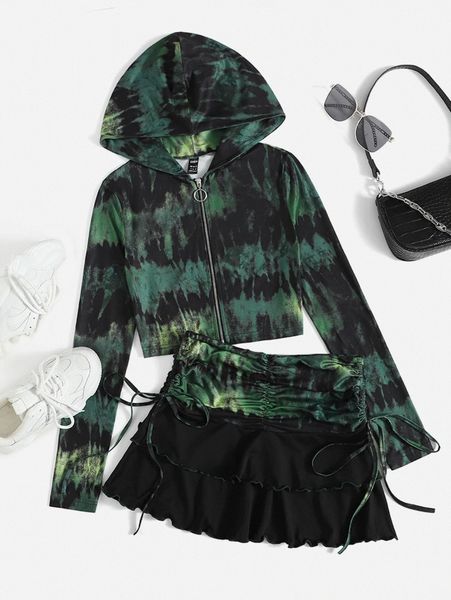 tie dye o-ring zipper hooded crop jacket & ruched lettuce trim drawstring side skirt s6e8#, White
tie dye o-ring zipper hooded crop jacket & ruched lettuce trim drawstring side skirt s6e8#, White