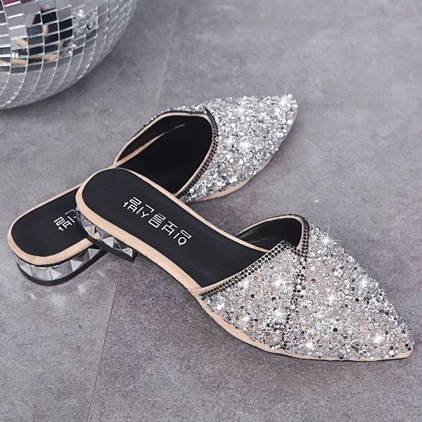 fashion crystal bling slippers women female mules square low heels elegant woman slipper casual shoes y200423, Black 
fashion crystal bling slippers women female mules square low heels elegant woman slipper casual shoes y200423, Black