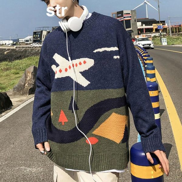 round neck pullover men's winter sweater printed oversized hip hop sweaters men's wool blouses sweater blue and black, White;black 
round neck pullover men's winter sweater printed oversized hip hop sweaters men's wool blouses sweater blue and black, White;black