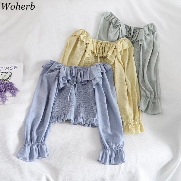 woherb crop slash neck off shoulder long sleeve short blouse 2020 korean female stylish pleated ruffle blusas1, White
woherb crop slash neck off shoulder long sleeve short blouse 2020 korean female stylish pleated ruffle blusas1, White