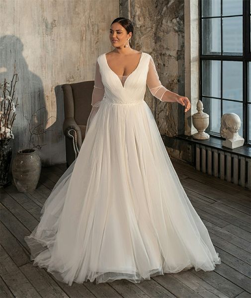plus size a line wedding dresses long sleeves sheer v-neck sweep train bridal gowns lace sash custom made modern style robes de mariée, White 
plus size a line wedding dresses long sleeves sheer v-neck sweep train bridal gowns lace sash custom made modern style robes de mariée, White