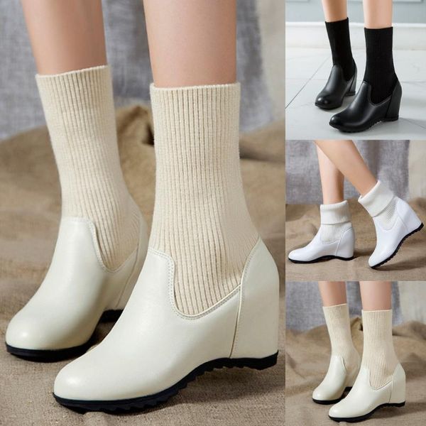 boots pu leather fabric patchword sock shoes louver fashion women height increasing slip-on middle tube keep warm snow, Black
boots pu leather fabric patchword sock shoes louver fashion women height increasing slip-on middle tube keep warm snow, Black