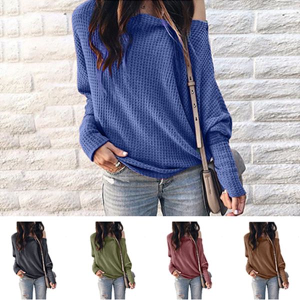 solid oversize loose waffle fabric sweater for women ladies shoulder out hoodies pullover batwing sleeve fashion autumn winter ly10194, White