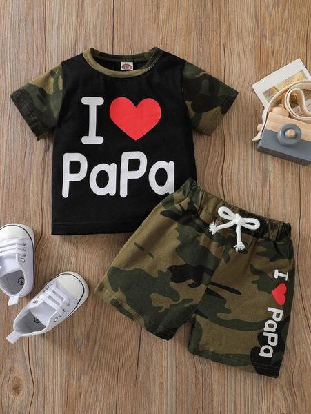 baby boy slogan and camo print tee & shorts she, White