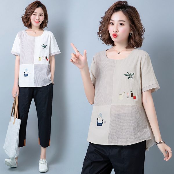korean loose embroidery flower stripe stitching hemp round neck cotton and linenembroidered cotton and linenshort sleeve t-shirt women, White
korean loose embroidery flower stripe stitching hemp round neck cotton and linenembroidered cotton and linenshort sleeve t-shirt women, White