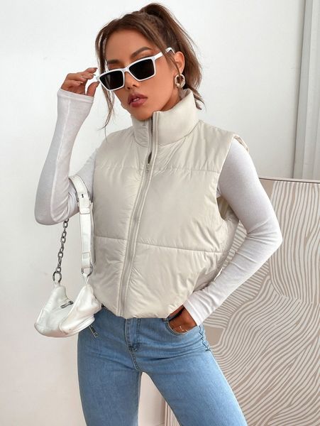 solid zipper up puffer vest coat x59d#, Black