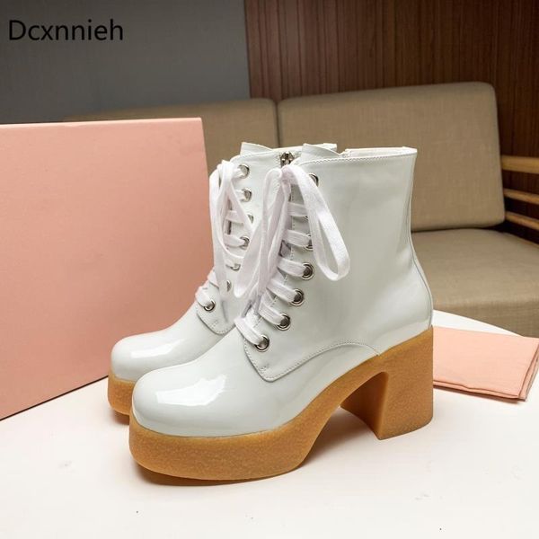 boots autumn runway chunky high heels ankle women patent leather lace up round toe short woman designer platform shoes, Black
boots autumn runway chunky high heels ankle women patent leather lace up round toe short woman designer platform shoes, Black
