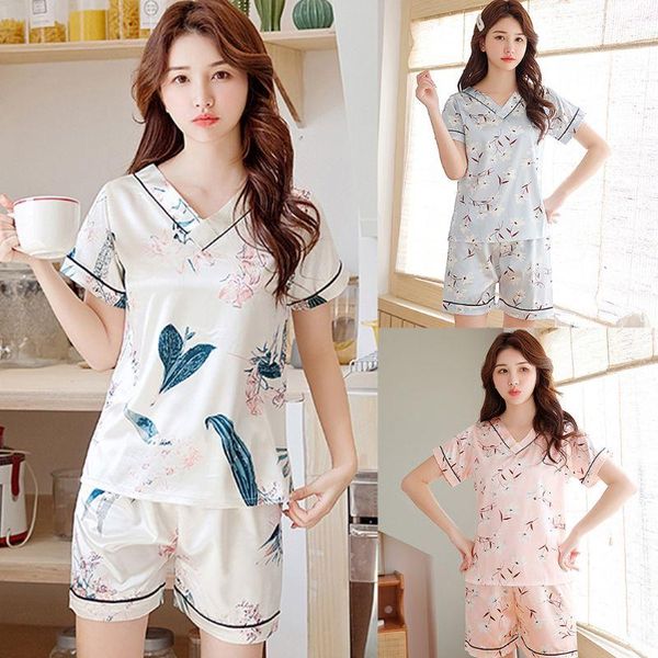 two piece dress women imitation silk pajamas set v-neck pullover shorts floral sleepwear, White
two piece dress women imitation silk pajamas set v-neck pullover shorts floral sleepwear, White