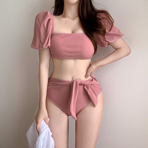 korean version pink sweet bubble sleeve lace up bow high waist split women's bikini swimsuit, White;black
korean version pink sweet bubble sleeve lace up bow high waist split women's bikini swimsuit, White;black