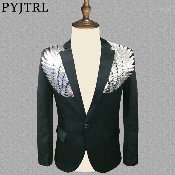 pyjtrl blazer men stylish black silver wing sequins slim fit shiny blazers party prom stage dj singers suit jacket costume1, White;black
pyjtrl blazer men stylish black silver wing sequins slim fit shiny blazers party prom stage dj singers suit jacket costume1, White;black