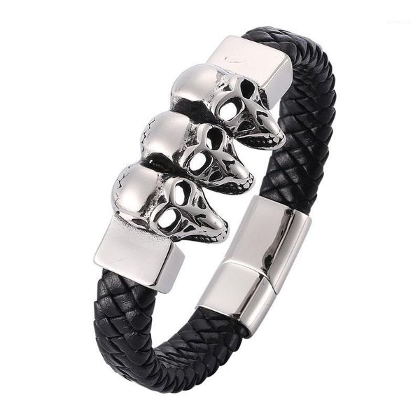 charm bracelets retro three skull men's woven black leather bracelet stainless steel magnetic buckle fashion simple 7-pw9181, Golden;silver
charm bracelets retro three skull men's woven black leather bracelet stainless steel magnetic buckle fashion simple 7-pw9181, Golden;silver