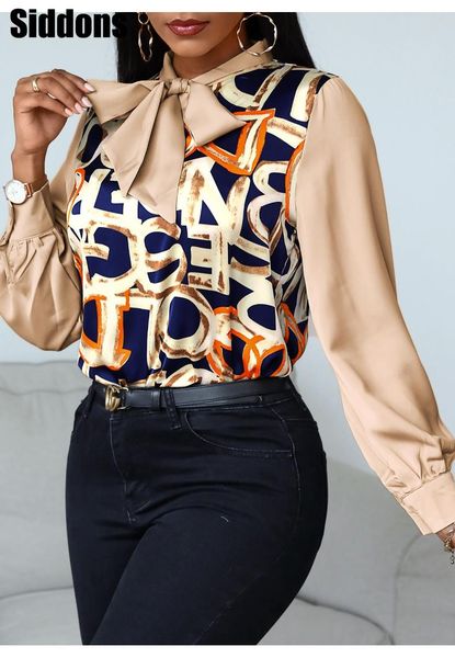women letter pattern print tied neck casual blouse lantern sleeve elegant office lady shirt, White
women letter pattern print tied neck casual blouse lantern sleeve elegant office lady shirt, White