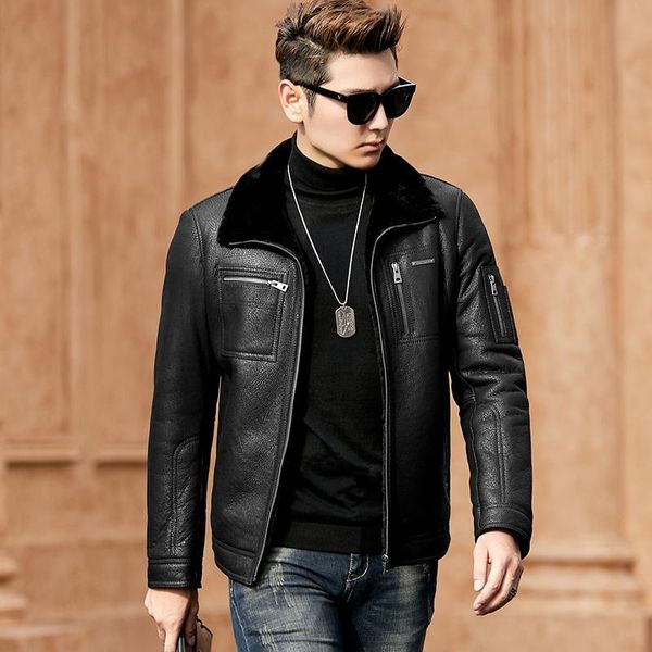 men's leather & faux winter genuine jacket men sheep shearling real fur coat sheepskin coats veste cuir homme 4907 kj3639, Black
men's leather & faux winter genuine jacket men sheep shearling real fur coat sheepskin coats veste cuir homme 4907 kj3639, Black