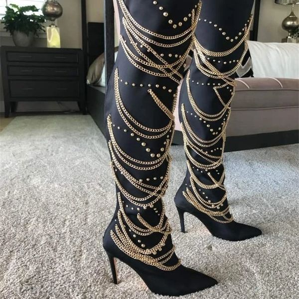 discount luxury bootsfashionable metal chain decoration thigh high-heeled autumn boots tights women's shoes pointed on the knee, Black
discount luxury bootsfashionable metal chain decoration thigh high-heeled autumn boots tights women's shoes pointed on the knee, Black