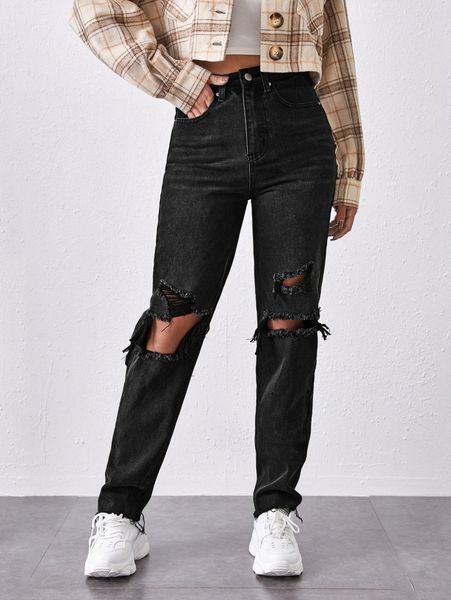 high-waisted ripped mom jeans v0oa#, Blue
