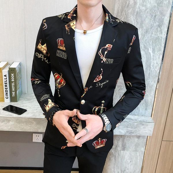 men's suits & blazers 2021 spring crown print mens blazer korean jacket wedding dress suit stylish for men slim fit dj singer blaser ma, White;black 
men's suits & blazers 2021 spring crown print mens blazer korean jacket wedding dress suit stylish for men slim fit dj singer blaser ma, White;black