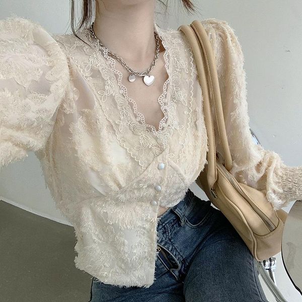 women's blouses & shirts 2021 autumn v-neck design sense niche lace edge shirt is thinner short ladies fashion blouse, White
women's blouses & shirts 2021 autumn v-neck design sense niche lace edge shirt is thinner short ladies fashion blouse, White
