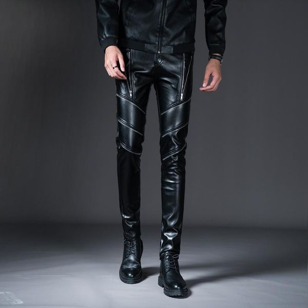 men's pants 2021 multi-zipper leather teenagers windproof warm slim feet pu, Black 
men's pants 2021 multi-zipper leather teenagers windproof warm slim feet pu, Black