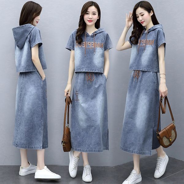 fashionable western style 2020 summer new large denim skirt size embroidered denim skirt two-piece set umxlz, Gray 
fashionable western style 2020 summer new large denim skirt size embroidered denim skirt two-piece set umxlz, Gray