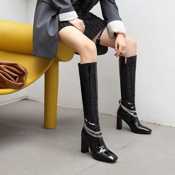 fashion square toe knee high boots kendall style women motorcyle boots autumn winter warm patent leather high heels chain shoes, Black
fashion square toe knee high boots kendall style women motorcyle boots autumn winter warm patent leather high heels chain shoes, Black