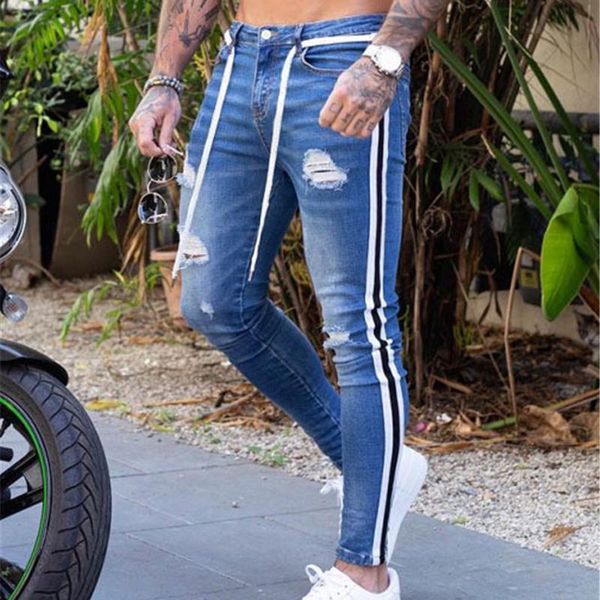 men side stripe patchwork jeans fashion streetwear destroyed ripped black pant hip hop sportswear elastic waist joggers pants, Blue
men side stripe patchwork jeans fashion streetwear destroyed ripped black pant hip hop sportswear elastic waist joggers pants, Blue