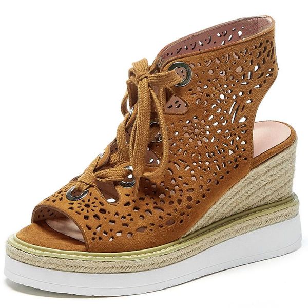 women's natural suede leather wedge platform ankle boots lace-up high heel ope ntoe summer hollow-out short booties shoes, Black