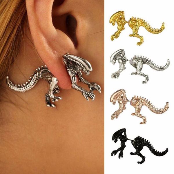 

4 colors punk dinosaur stud earring monster 3d hyperbole earrings fashion women metal ear stud animals party jewelry gifts, Golden;silver