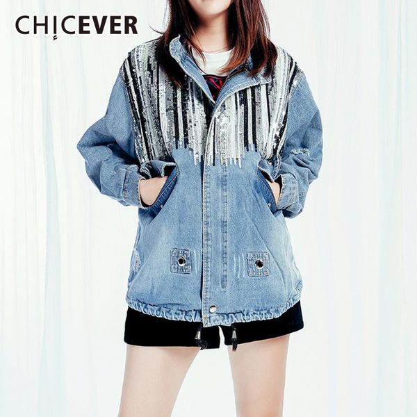 chicever patchwork sequins striped denim coat for women lapel collar long sleeve hit color ripped hole jacket female fashion, Black;brown
chicever patchwork sequins striped denim coat for women lapel collar long sleeve hit color ripped hole jacket female fashion, Black;brown