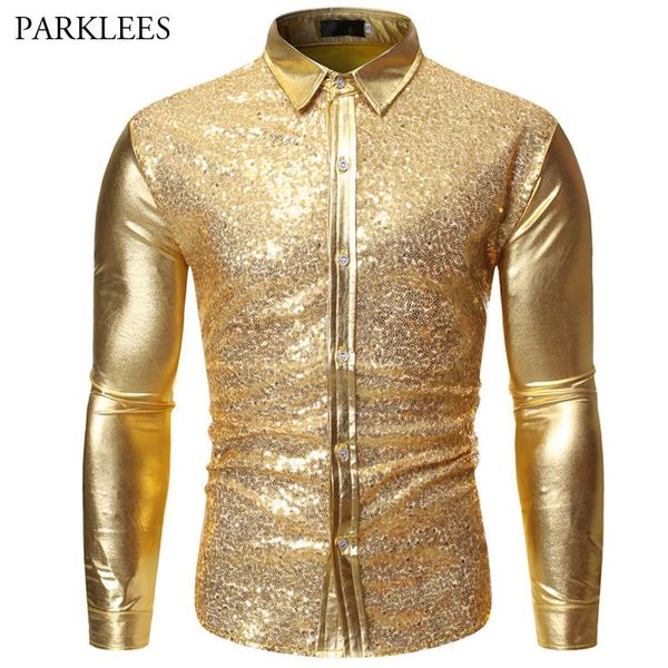 men's casual shirts gold metallic sequins glitter shirt men 2021 mens disco party halloween costume chemise stage performance male, White;black
men's casual shirts gold metallic sequins glitter shirt men 2021 mens disco party halloween costume chemise stage performance male, White;black