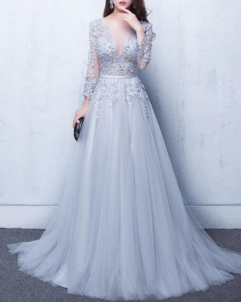 a-line luxurious grey engagement formal evening dress illusion neck half sleeve chapel train tulle with beading appliques, Black;red
a-line luxurious grey engagement formal evening dress illusion neck half sleeve chapel train tulle with beading appliques, Black;red