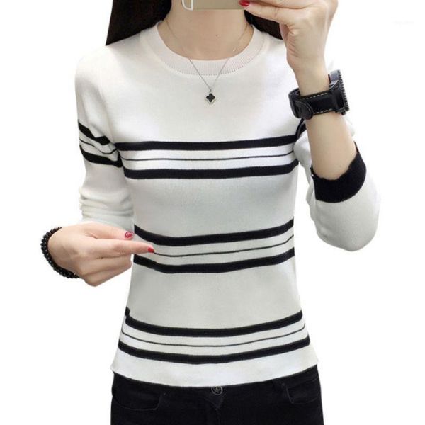 women autumn spring stripes print loose long sleeved round collar casual sshort slim sweater1, White;black
women autumn spring stripes print loose long sleeved round collar casual sshort slim sweater1, White;black