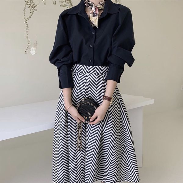 2021 new female mode two sets of solid black long sleeves vintage base shirts high-wave standard waist mid-long to-line skirts i8f1, Gray
2021 new female mode two sets of solid black long sleeves vintage base shirts high-wave standard waist mid-long to-line skirts i8f1, Gray