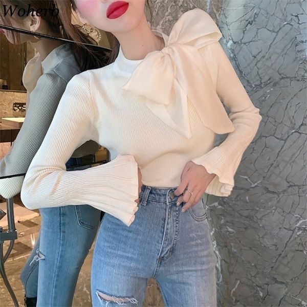woherb women pullovers sweater korean elegant bow lacing knitted fashion bottoming jumper office ladies pull femme 201221, White;black
woherb women pullovers sweater korean elegant bow lacing knitted fashion bottoming jumper office ladies pull femme 201221, White;black