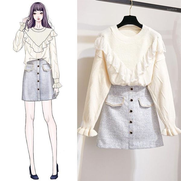 2020 autumn winter women knitted pullover sweater +high waist a line mini skirt 2 piece sets female ruffles casual suit n3141, White 
2020 autumn winter women knitted pullover sweater +high waist a line mini skirt 2 piece sets female ruffles casual suit n3141, White
