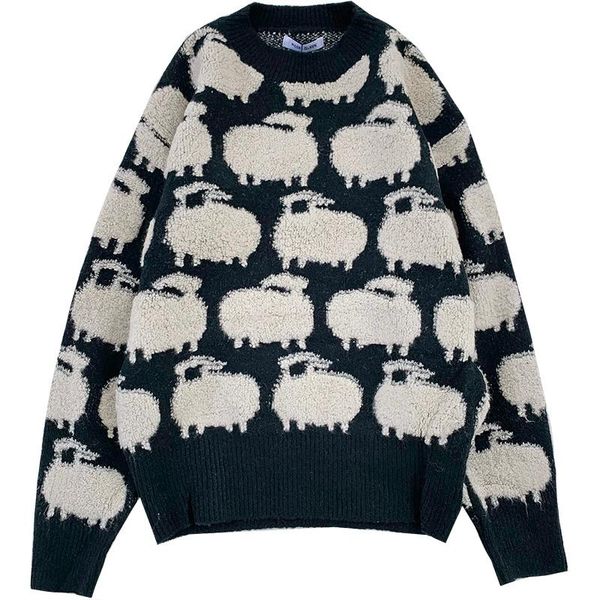 women's sweaters cute sheep jacquard round neck long sleeve knitted sweater, White;black
women's sweaters cute sheep jacquard round neck long sleeve knitted sweater, White;black