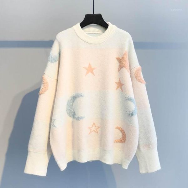 2020 autumn new korean-style loose pullover women's knitted moon and the stars women's sweater, White;black
2020 autumn new korean-style loose pullover women's knitted moon and the stars women's sweater, White;black