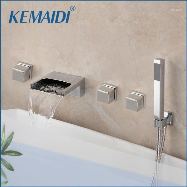 

kemaidi solid brass bathroom bathtub waterfall roman tub 3 handles 5pcs faucet mixer taps filler faucet handshower chrome1