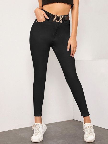 high waist high stretch crop jeans without belted d4mv#, Blue