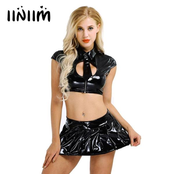 2pcs women wetlook patent leather lingerie set for costume party cap sleeve crop with mini pleated skirt and necktie, White
2pcs women wetlook patent leather lingerie set for costume party cap sleeve crop with mini pleated skirt and necktie, White