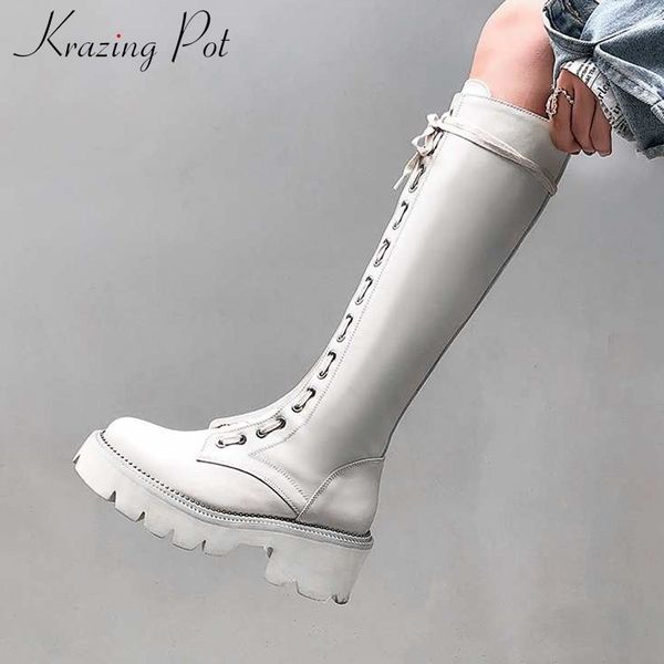 krazing pot motorcycles style unique lace up thick bottom boots genuine leather high heels keep warm women thigh high boots l8f1 t200425, Black 
krazing pot motorcycles style unique lace up thick bottom boots genuine leather high heels keep warm women thigh high boots l8f1 t200425, Black