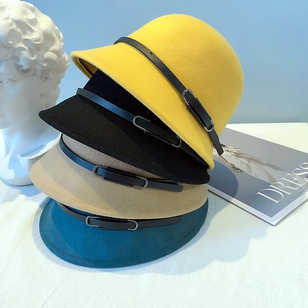 women solid wool felt cloche hats fedoras vintage western bucket hats for women female bowler with belts, Blue;gray
women solid wool felt cloche hats fedoras vintage western bucket hats for women female bowler with belts, Blue;gray