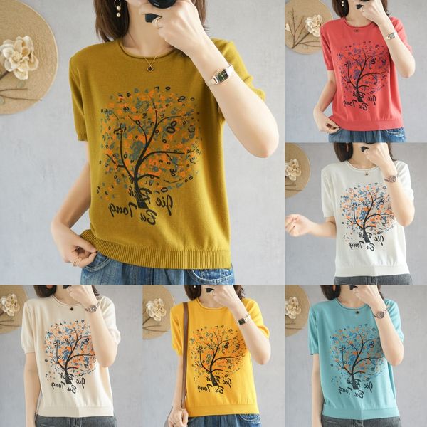 20 summer women's new and short-sleeved women's knitwear round t-shirt cotton linen cotton linen neck t-shirt printed fortune tree, White
20 summer women's new and short-sleeved women's knitwear round t-shirt cotton linen cotton linen neck t-shirt printed fortune tree, White