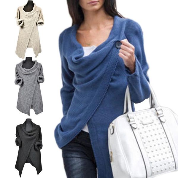 women button cowl neck sweater solid color long sleeve wrap split cardigan top, White
women button cowl neck sweater solid color long sleeve wrap split cardigan top, White