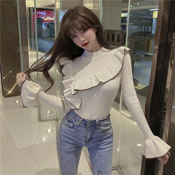 2020 autumn and winter bottoming shirt women's long-sleeved sweater pullover sweater wild wood ear trumpet sleeve slim trend, White;black
2020 autumn and winter bottoming shirt women's long-sleeved sweater pullover sweater wild wood ear trumpet sleeve slim trend, White;black