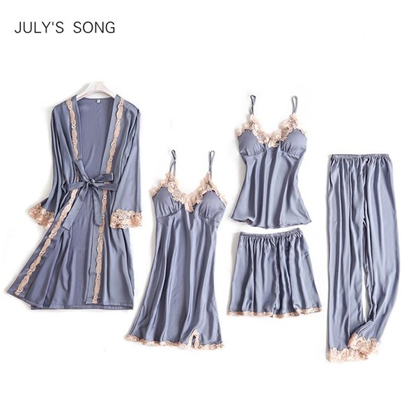 july's song 5 pieces pajama set lace satin sleepwear women summer spring fashion pajamas for women robe sleep lounge y200708, Black;red
july's song 5 pieces pajama set lace satin sleepwear women summer spring fashion pajamas for women robe sleep lounge y200708, Black;red
