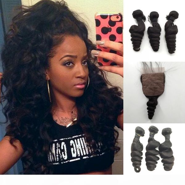 8a malaysian virgin hair with closure loose wave 3 bundle with silk closure inter hair silk base closure with bundles, Black