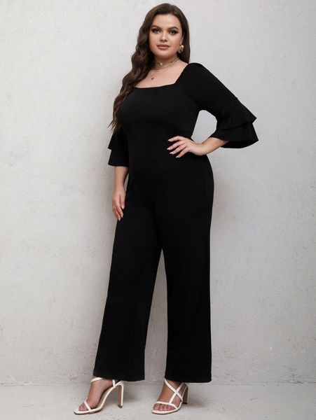 plus square neck layer sleeve jumpsuit 095r#, Black 
plus square neck layer sleeve jumpsuit 095r#, Black