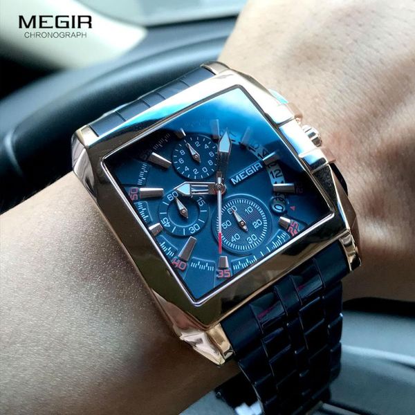 Megir Men's Stainless Steel Watches Men Fashion Luxury Blue Rose Gold Wristwatch Man Waterproof Luminous Sport Watch