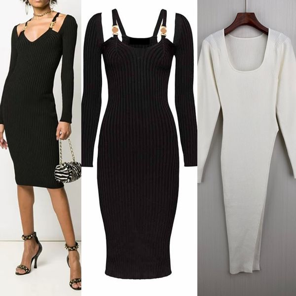 european and american autumn fashion rhinestone button knit slim leaky shoulder long sleeve dress, White;black
european and american autumn fashion rhinestone button knit slim leaky shoulder long sleeve dress, White;black